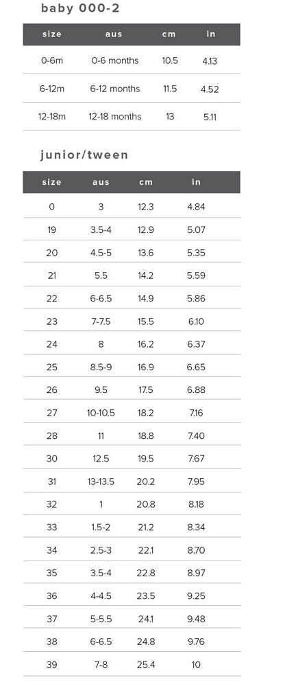 Bardot Junior Shoes Size Guide Measurements